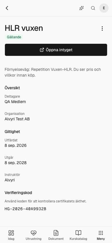 Aktuell intygsvy på mobil med giltighet och förnyelse, visad med testdata